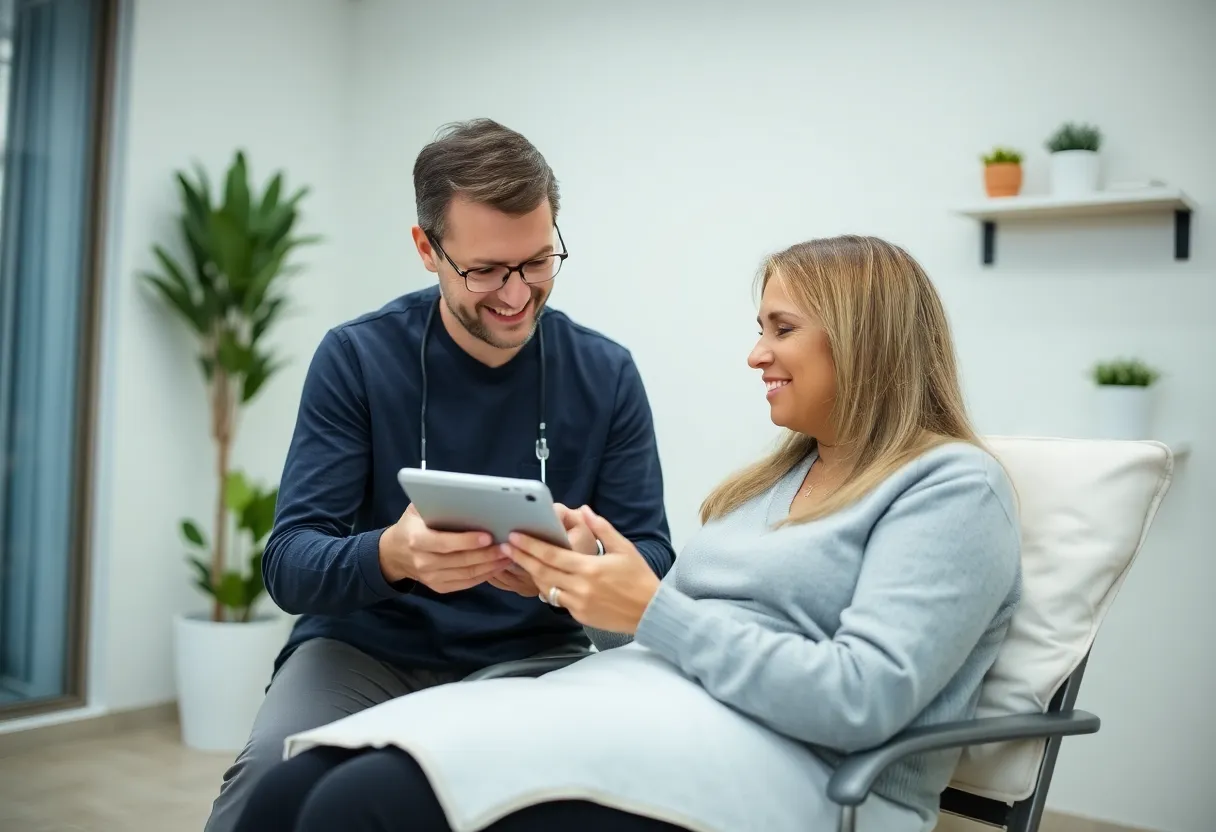 Patient using a communication tablet with a therapist in a clinic