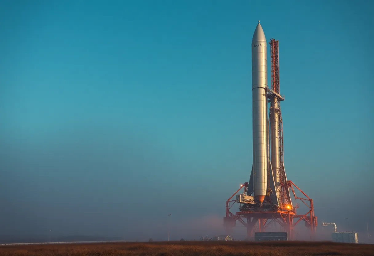 Large modern rocket on a launch pad in misty morning light