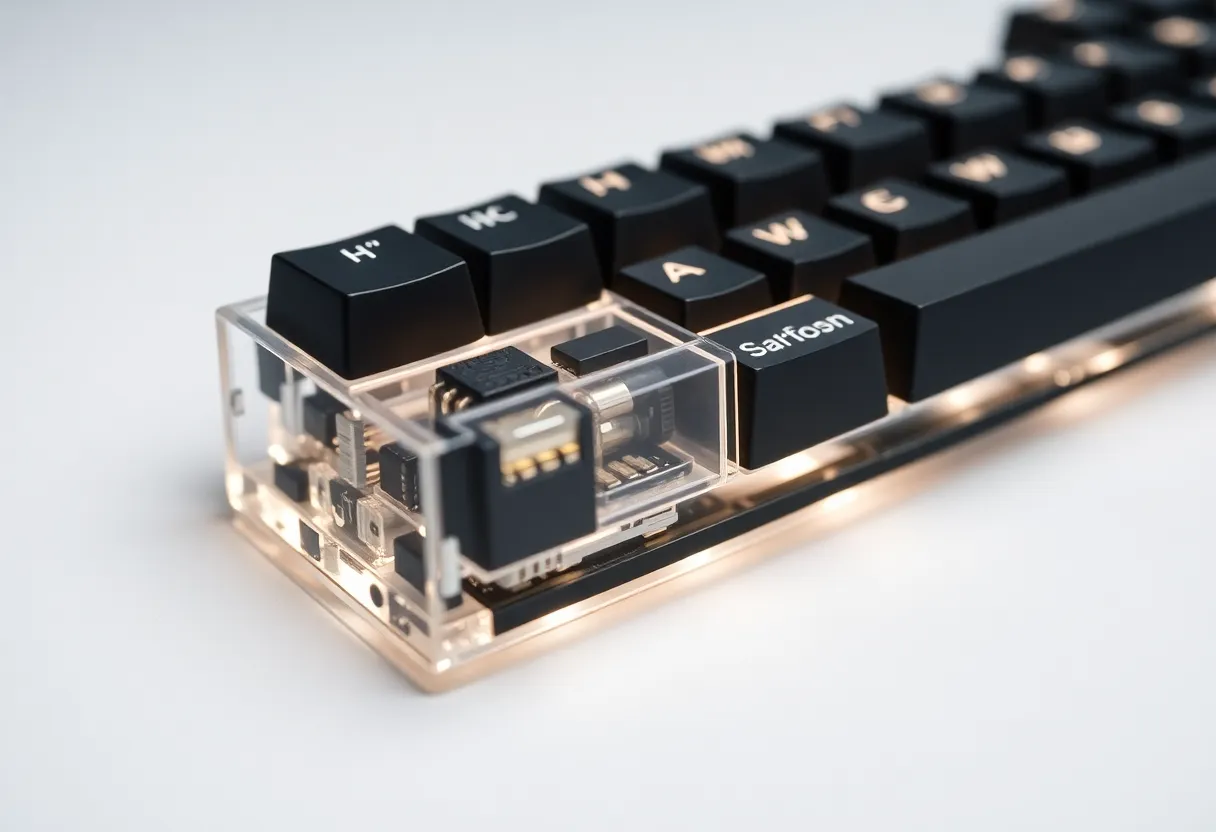 Translucent mechanical keyboard switch showing internal stem and spring concept