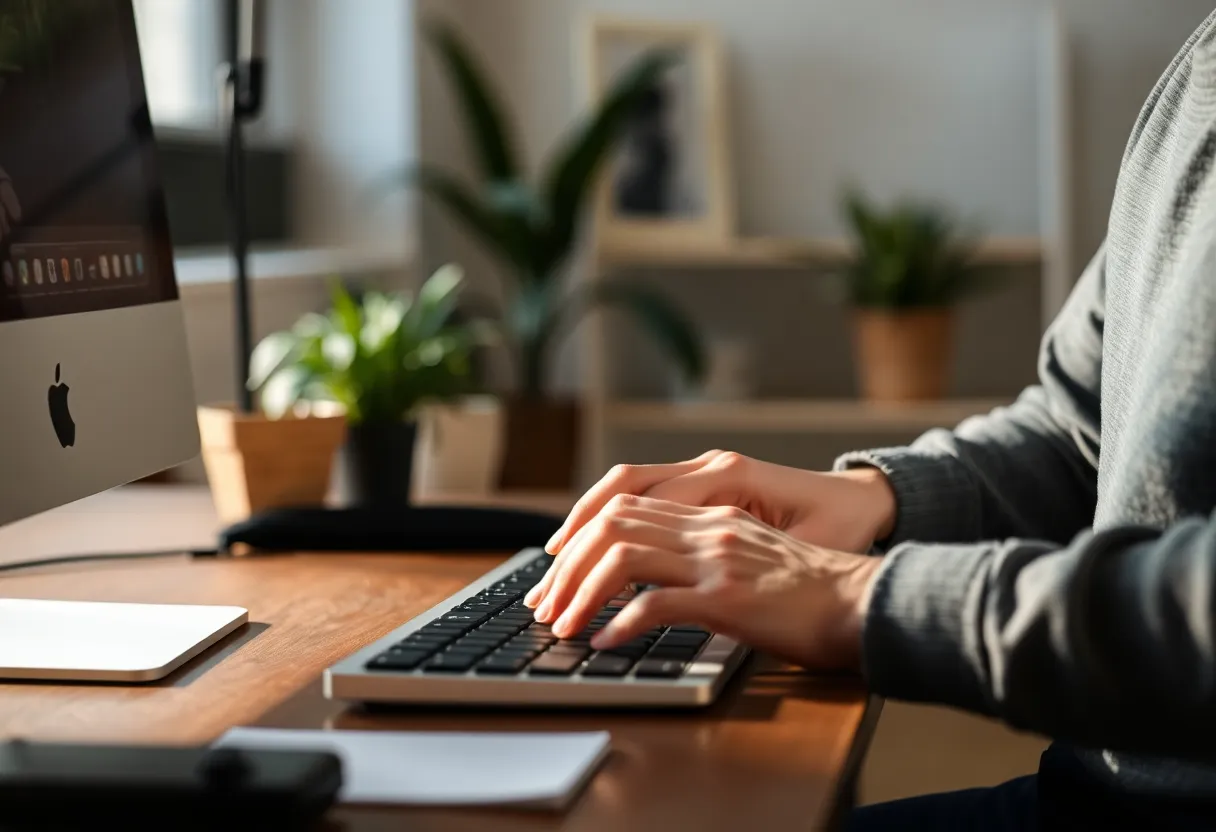 Side view of hands typing on a keyboard at a desk with neutral posture