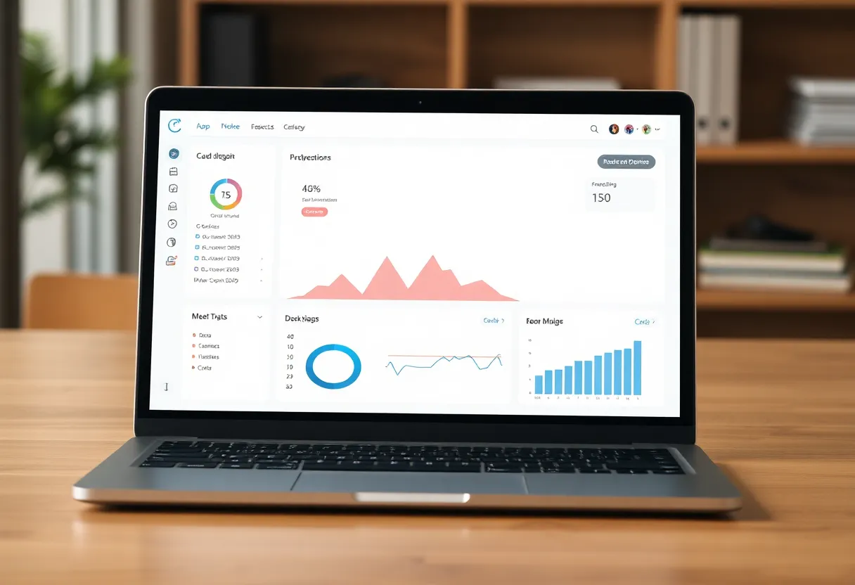 Developer laptop with dashboards and sustainability-themed charts in an office