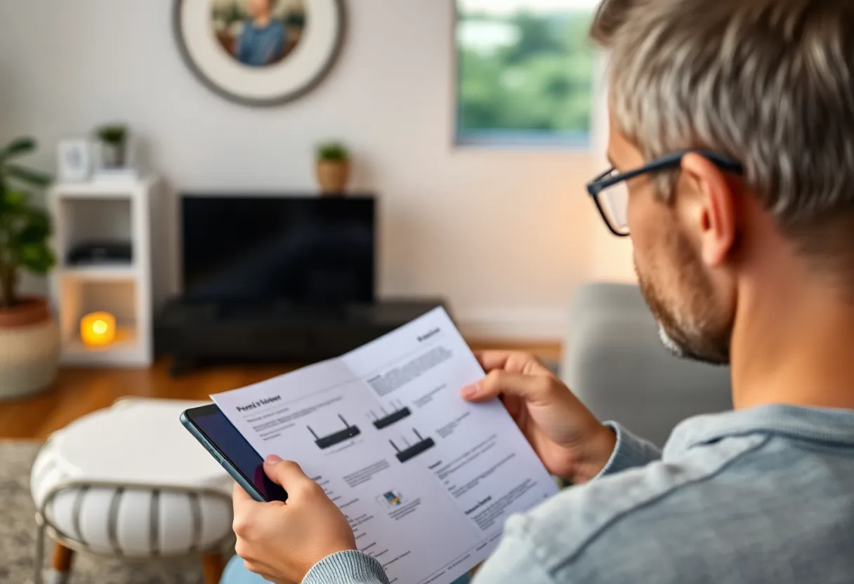 Person reviewing router specifications on a phone in a living room