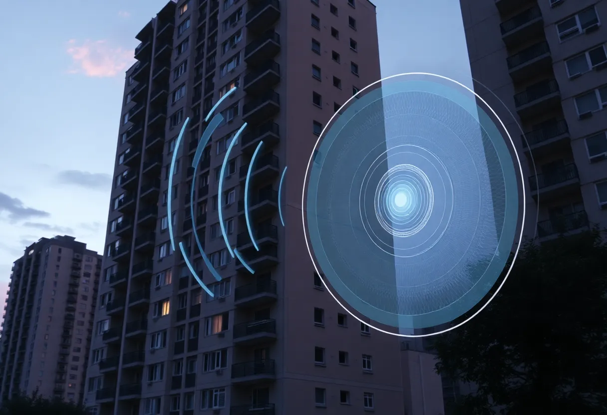 Apartment building at dusk suggesting dense RF environments where Wi-Fi competes for spectrum