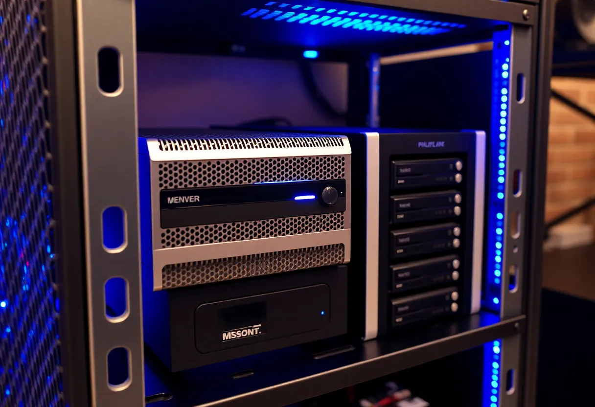 Compact home server hardware with storage drives suggesting a self-hosted media library