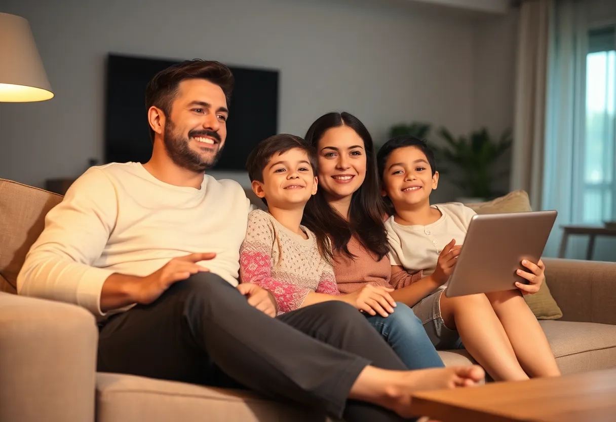 Family relaxing on a sofa watching TV in a modern living room