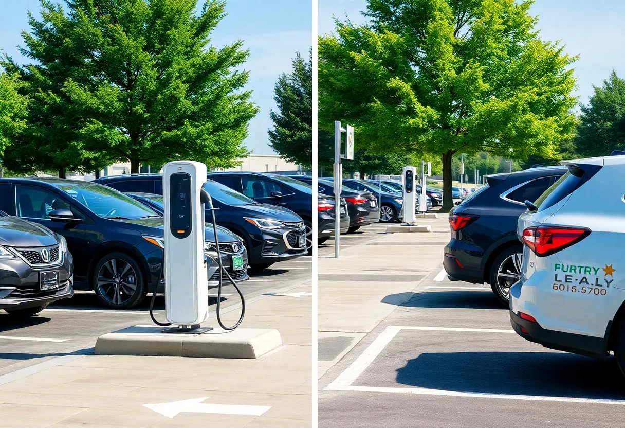 Electric vehicles charging in a parking area, contrasting refueling models