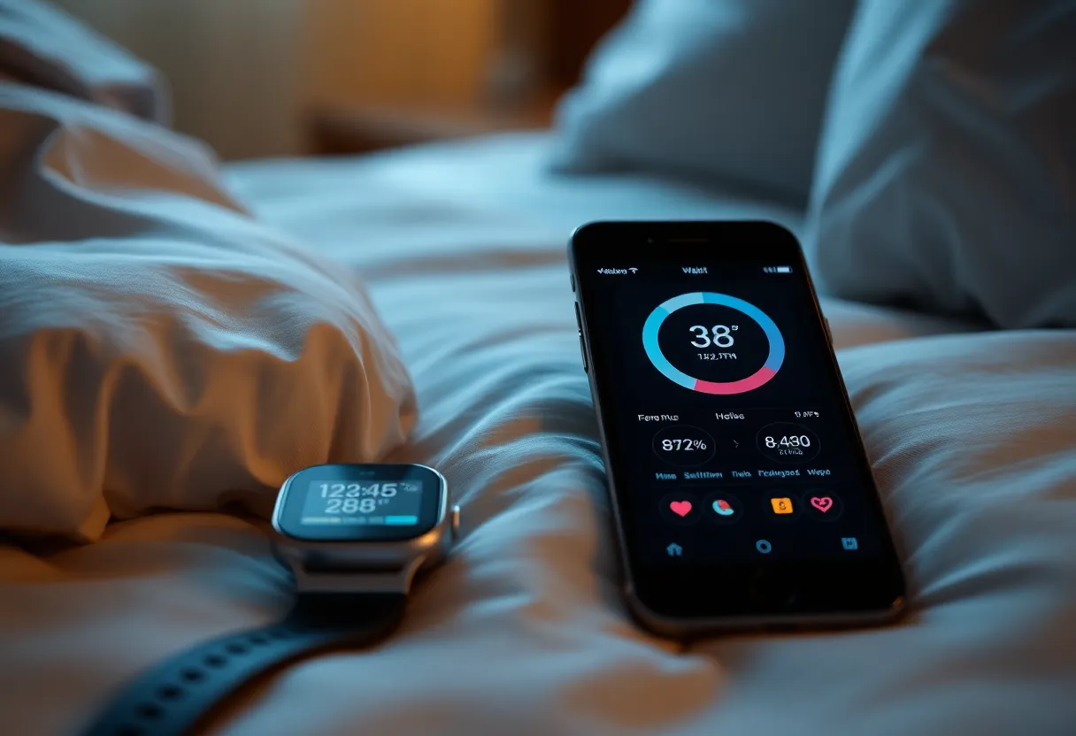 Smartwatch and phone displaying health metrics on a bedside table