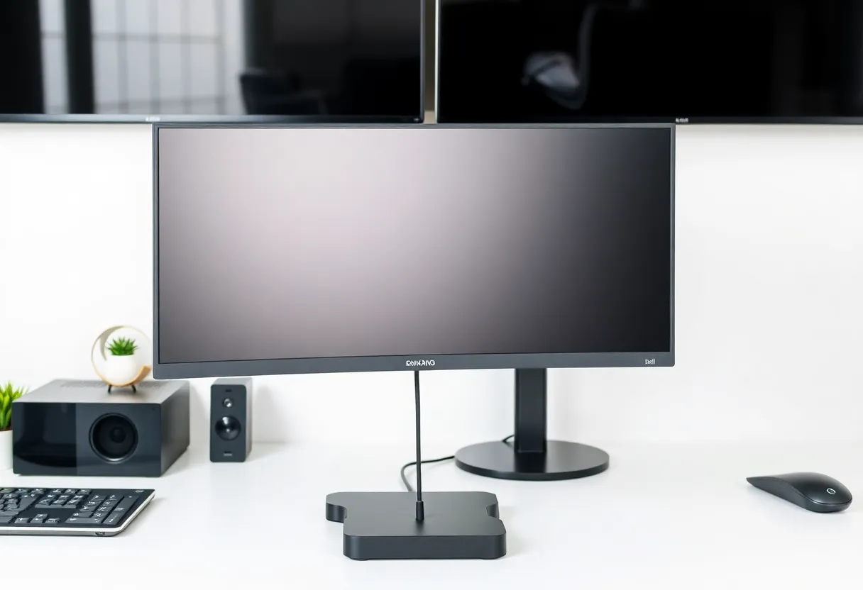 Dual monitor desk with laptop dock setup