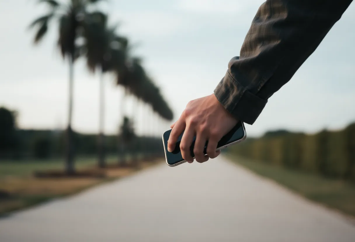 Person outdoors holding a simple phone, calm focused mood
