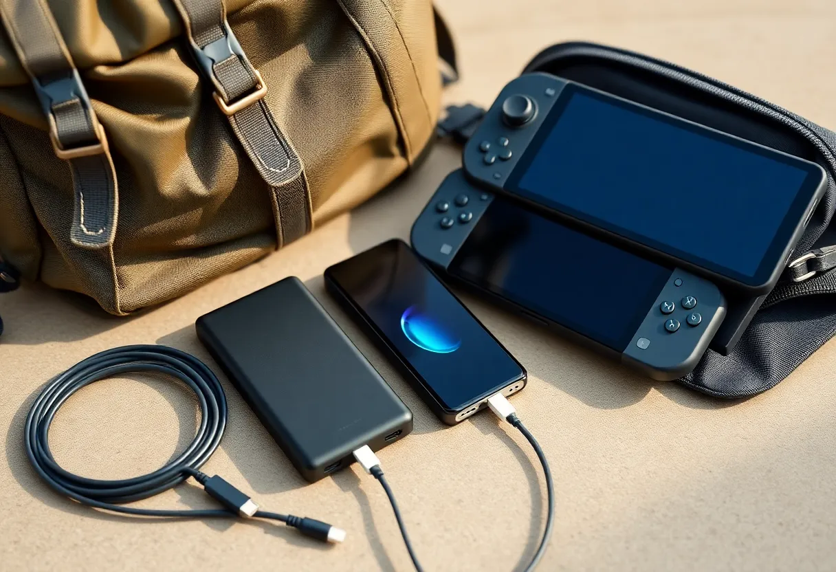 Portable charger and cables packed for handheld gaming travel