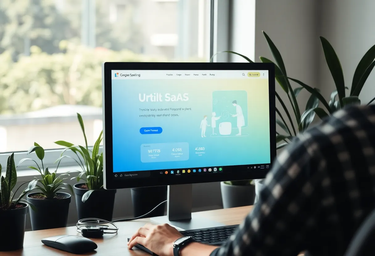 Developer working on a small SaaS landing page at a desk with plants