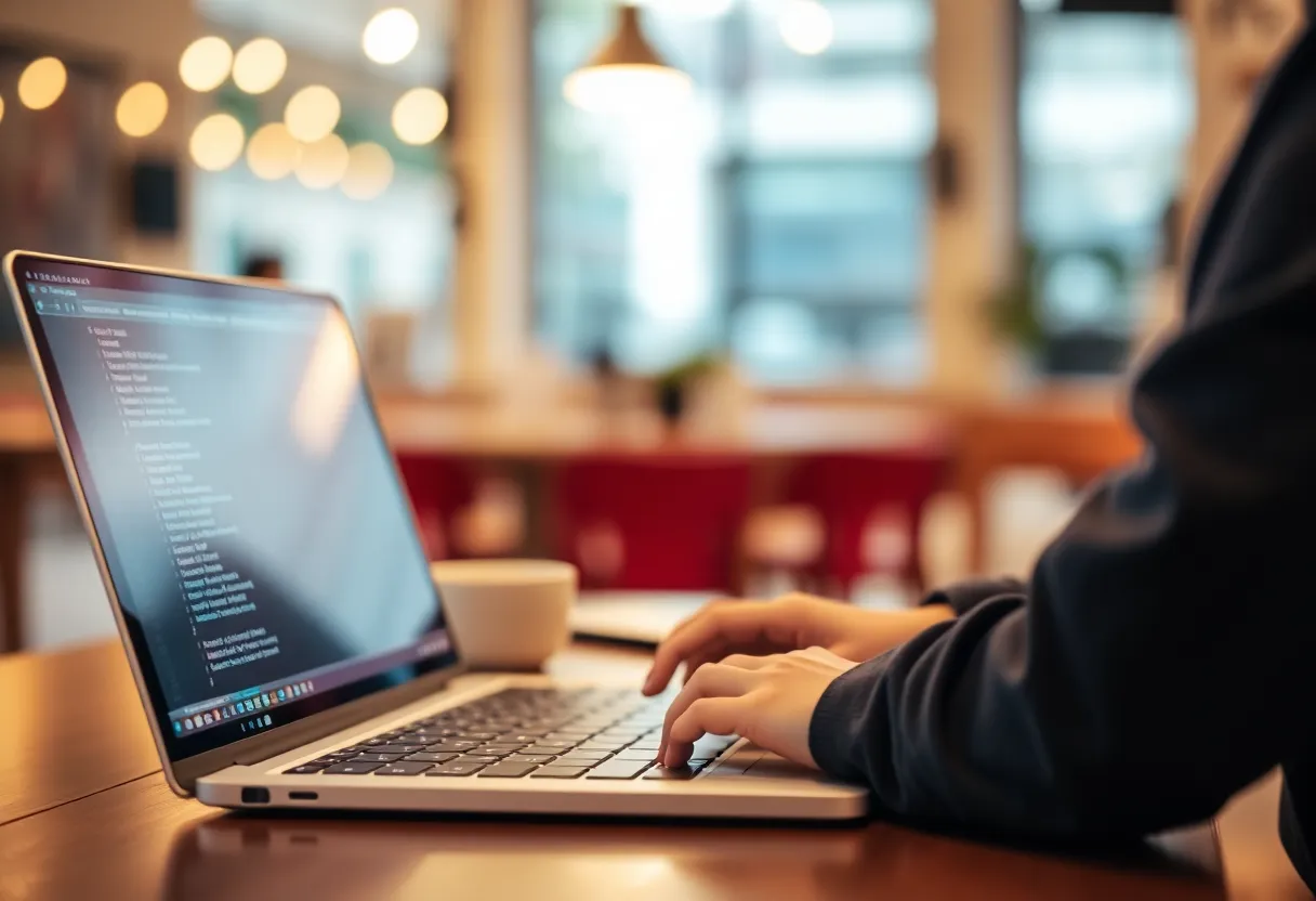 Developer working on laptop in cafe setting
