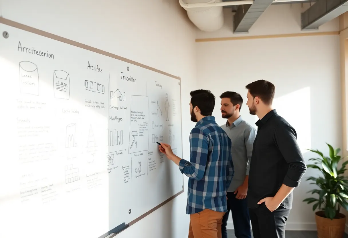 Small team whiteboard with frontend architecture sketches