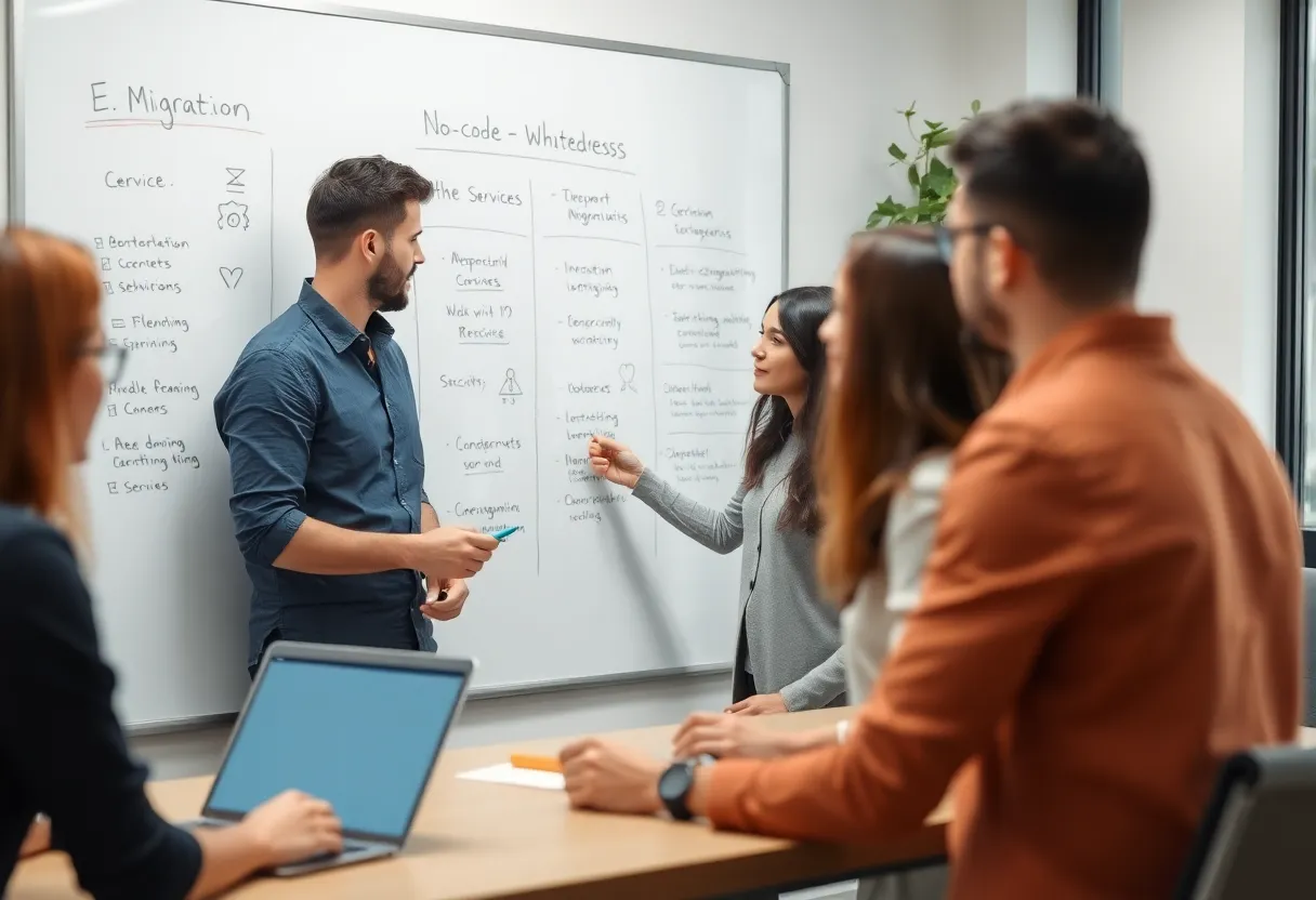 Team collaborating at a whiteboard planning a technical migration