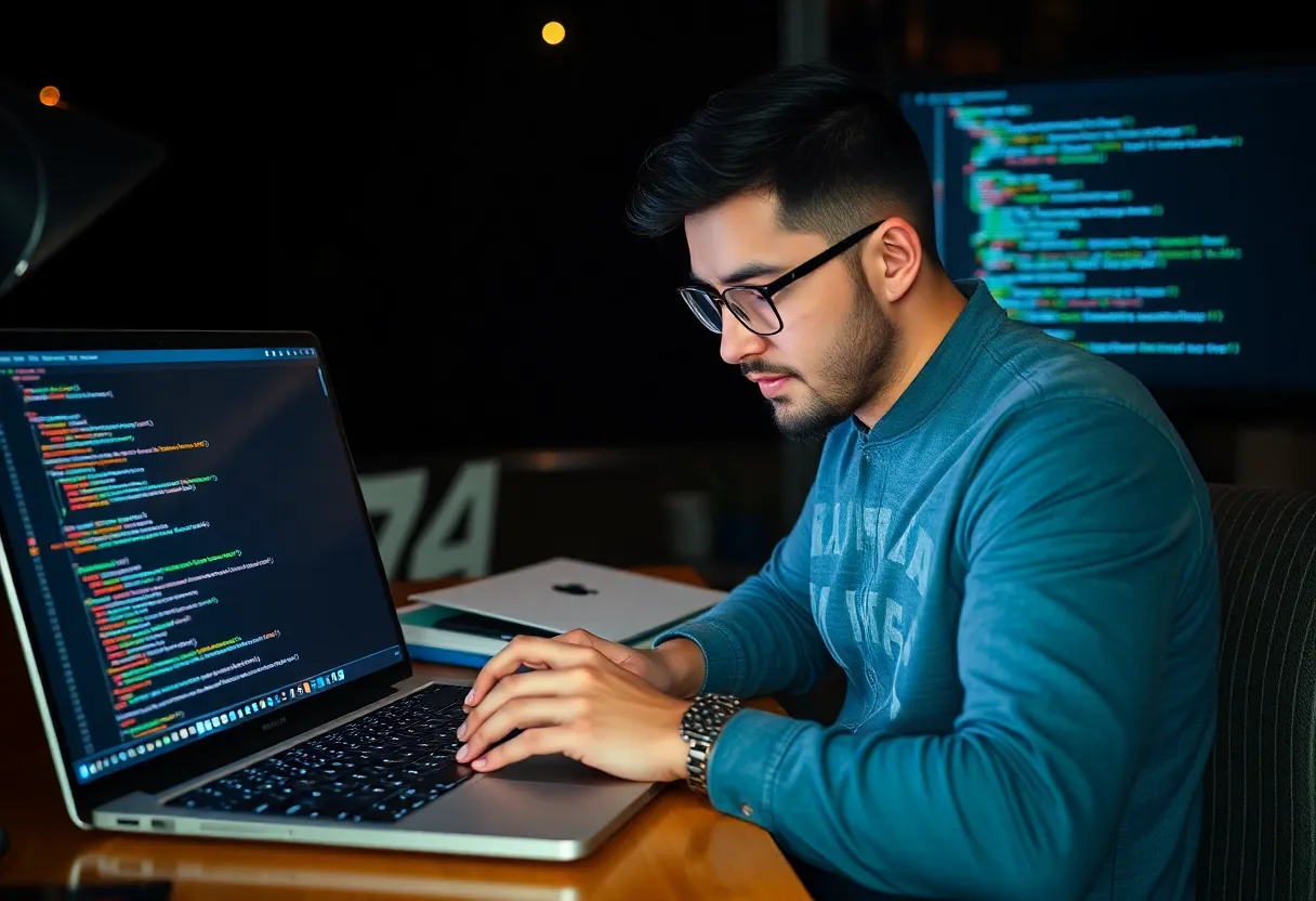 Developer at laptop with documentation suggesting custom code transforms
