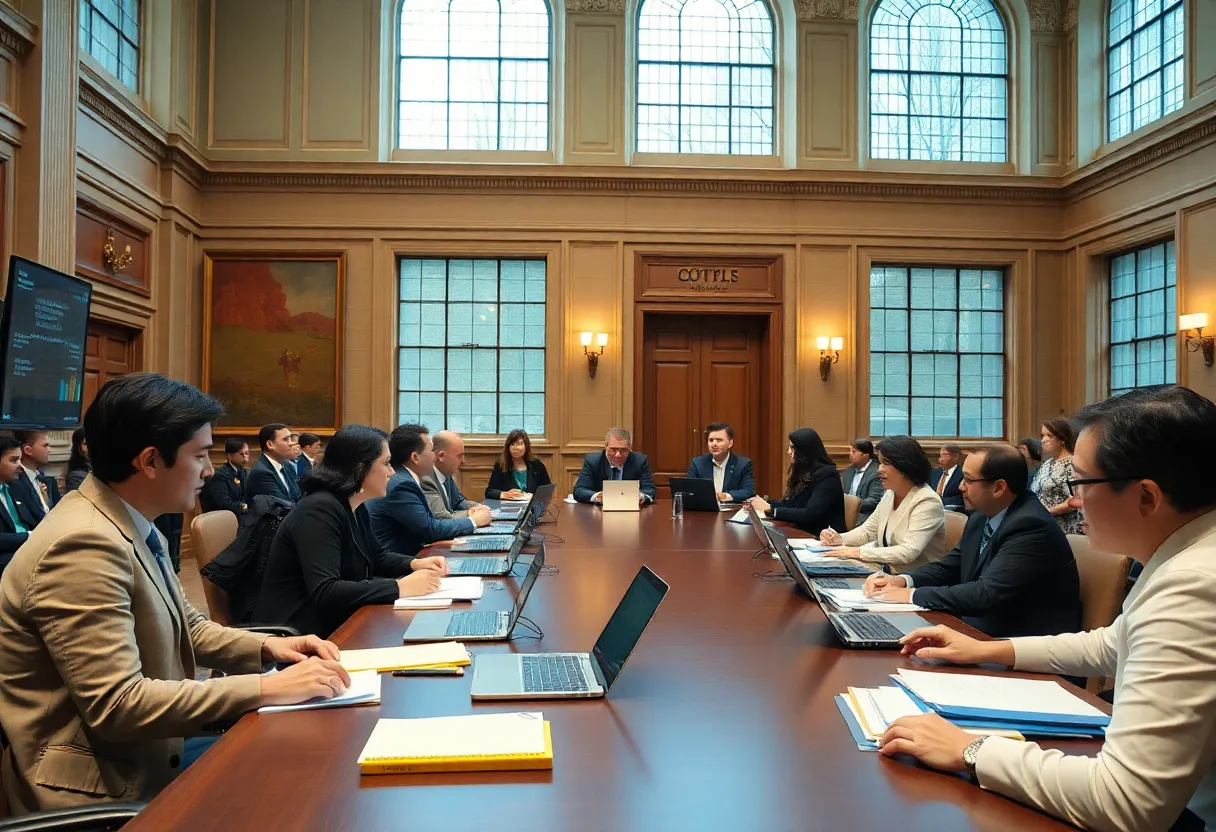 City staff reviewing documents and laptops in a meeting room