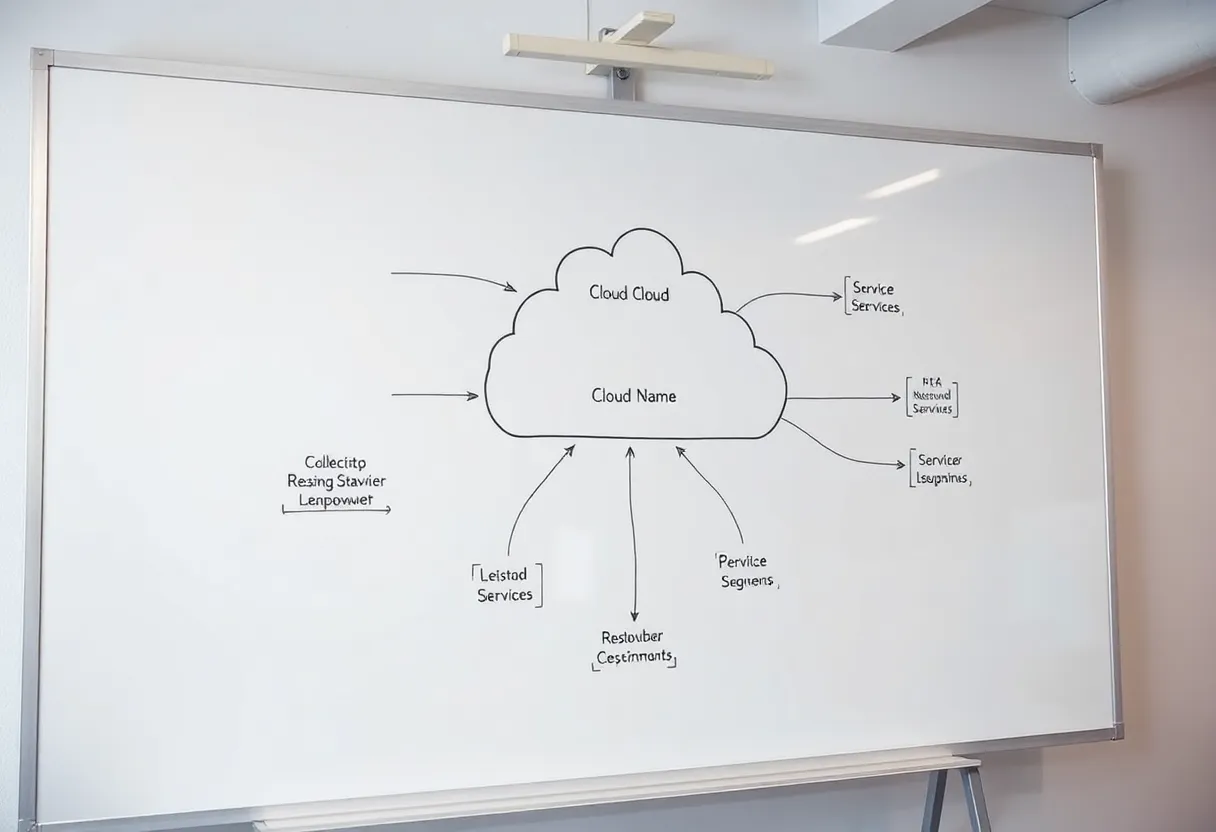 Whiteboard cloud architecture diagram with service boxes and arrows