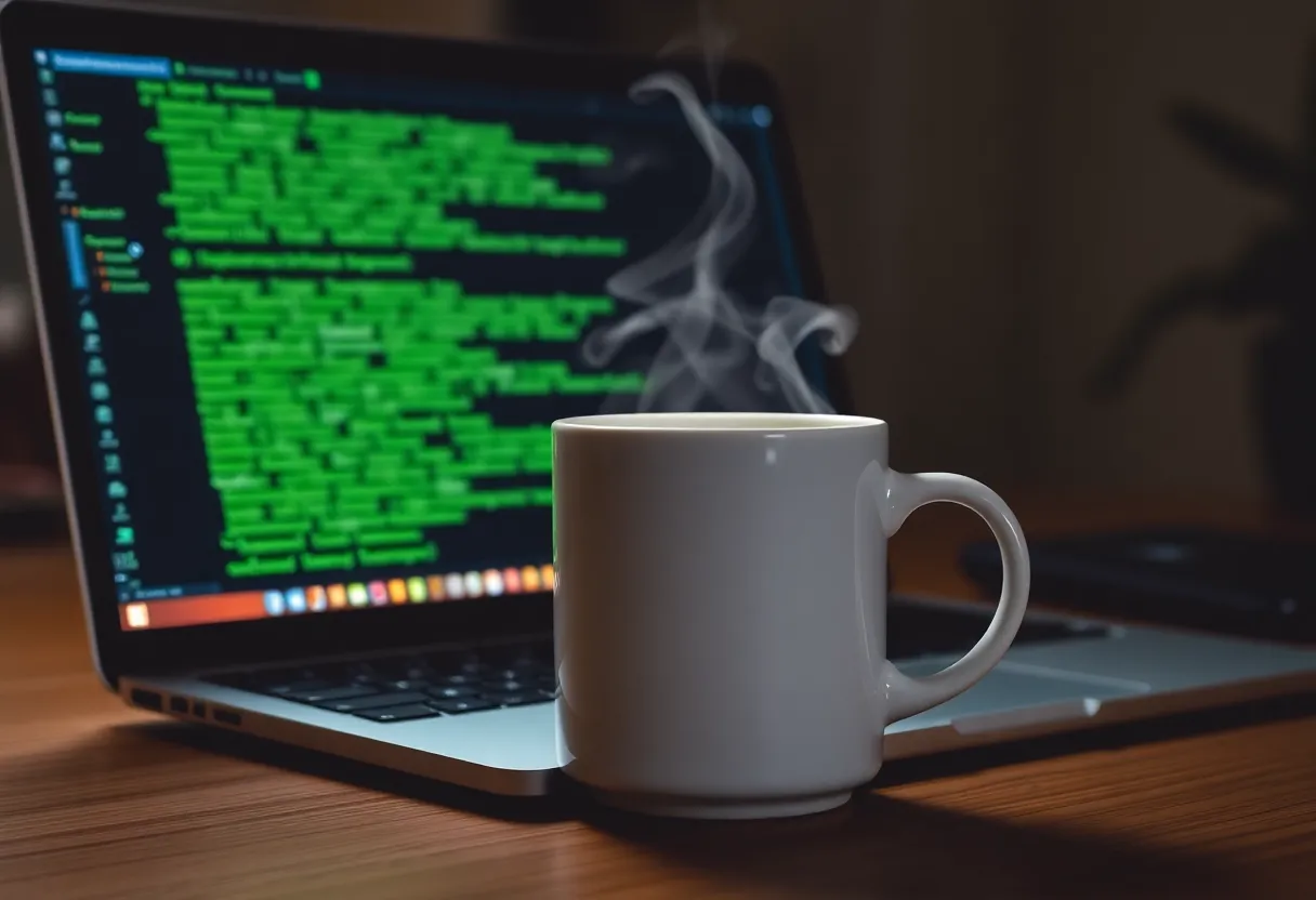 Developer workspace with laptop and terminal aesthetic