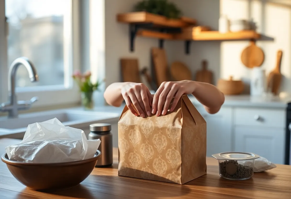 Person packaging a product parcel at a table, suggesting a physical-goods side business