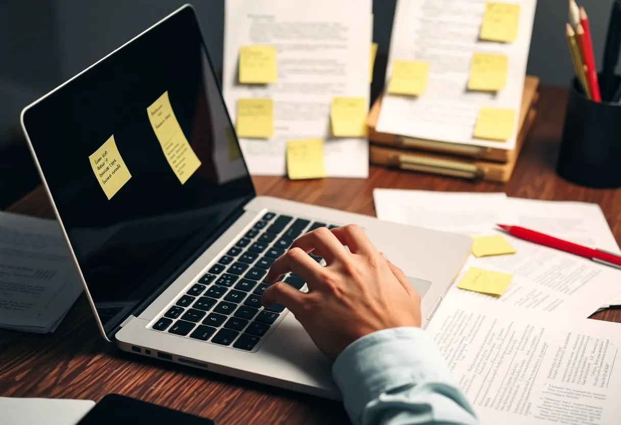 Desk with notes in multiple writing systems and laptop