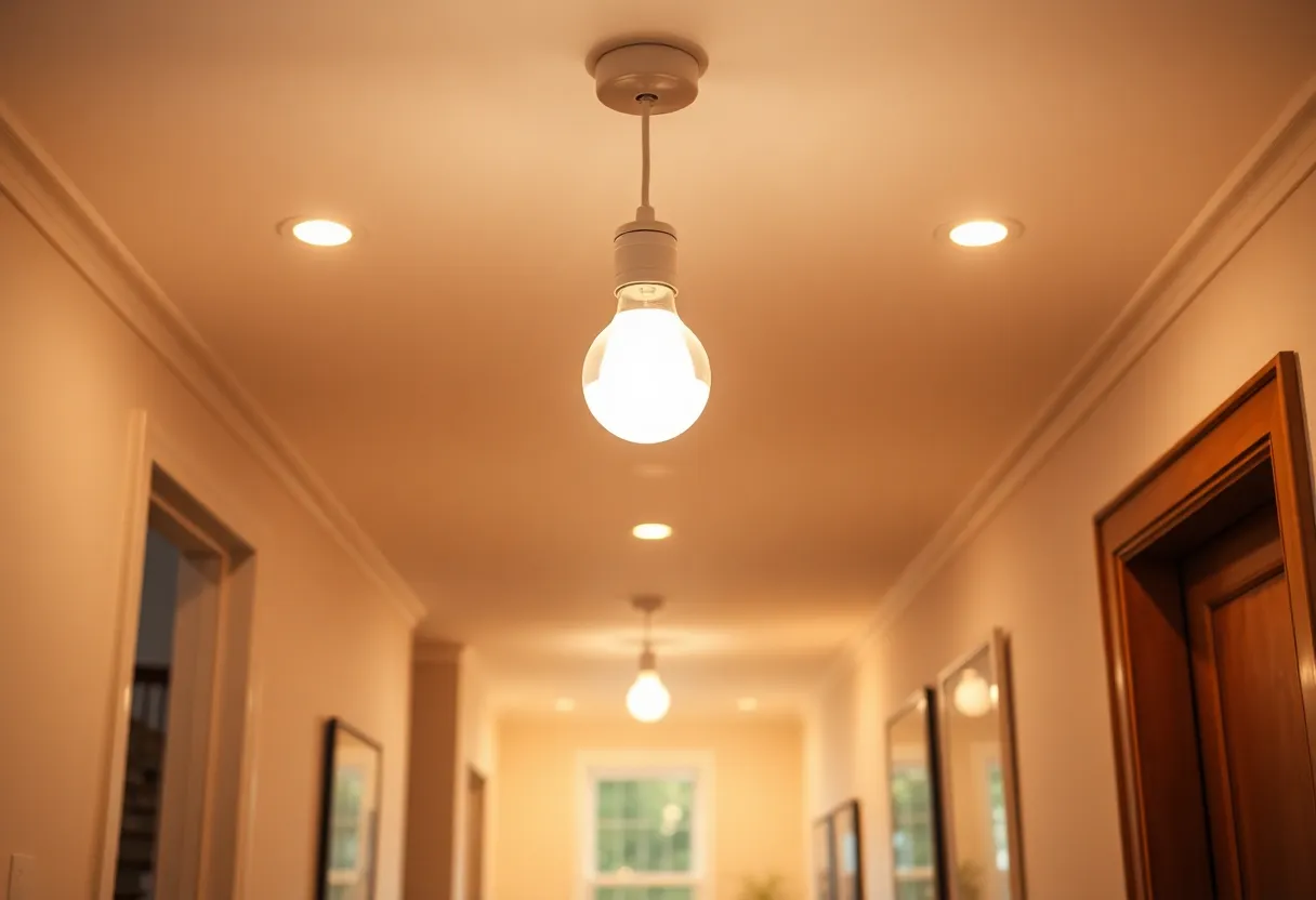 Smart bulbs in hallway ceiling fixtures providing powered mesh nodes