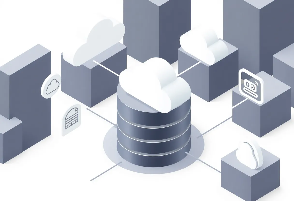 Isometric illustration of cloud services connected to a database