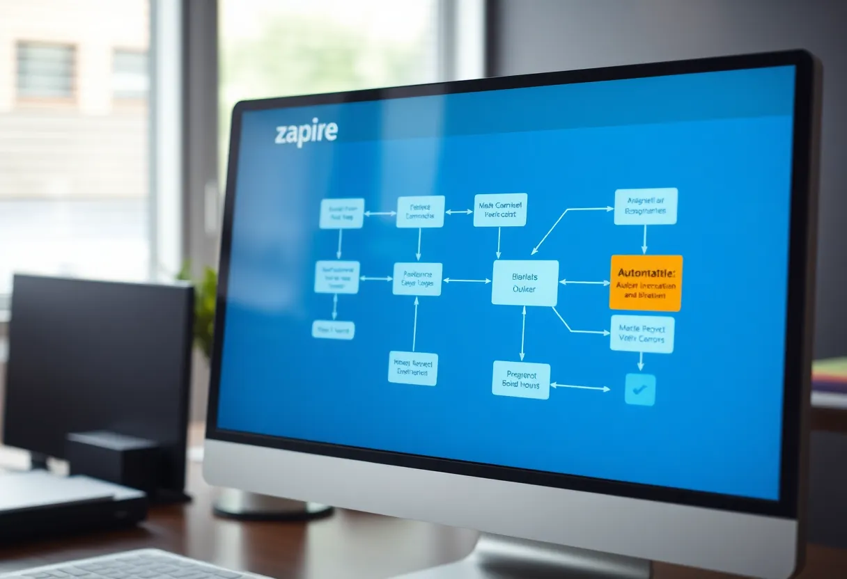 Complex automation flowchart on a monitor suggesting brittle no-code logic