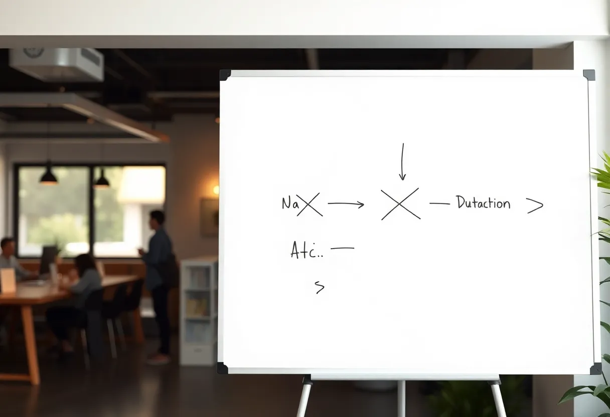 Whiteboard flowchart with revised automation steps in a startup office