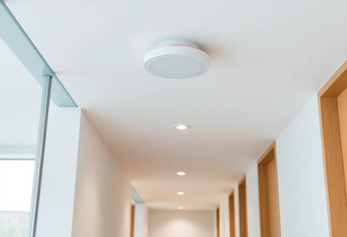 Wired access point mounted in a home hallway ceiling, subtle indicator light