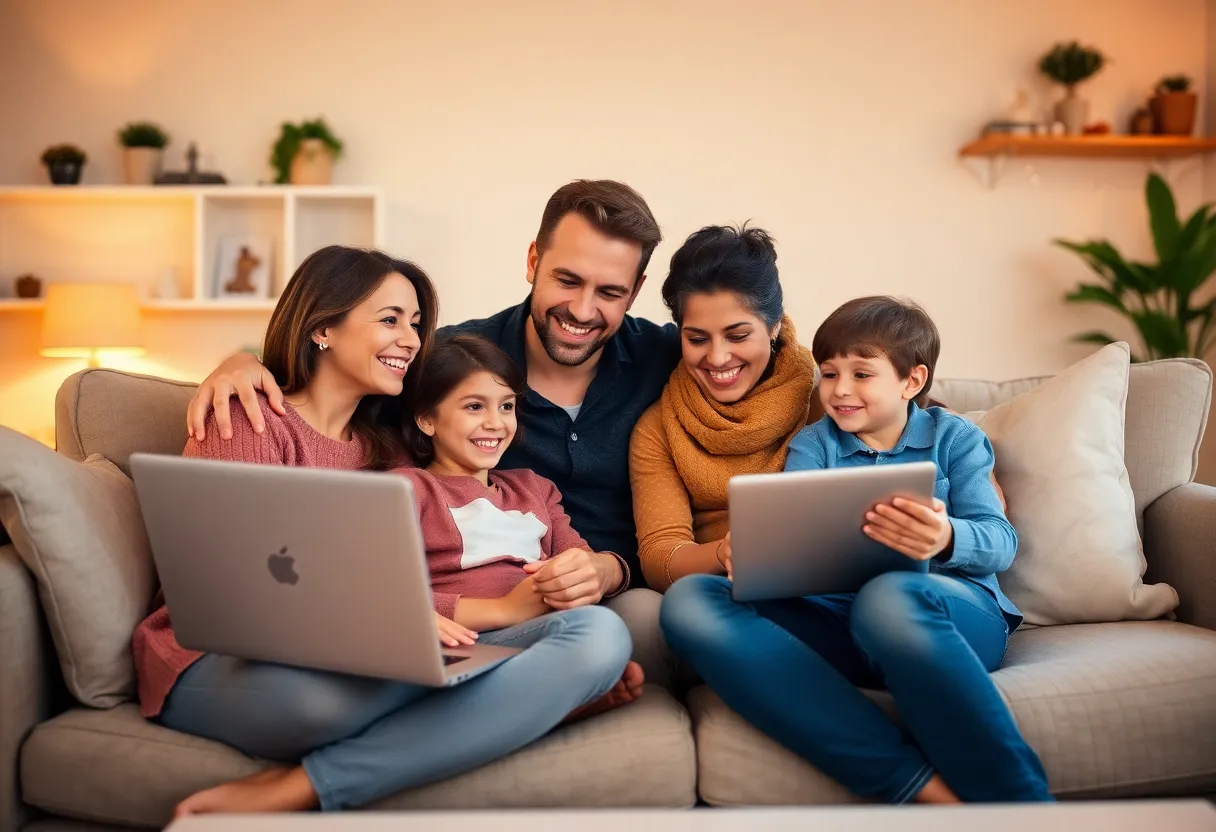 Family using a laptop for streaming in a warm living room with home tech in the background
