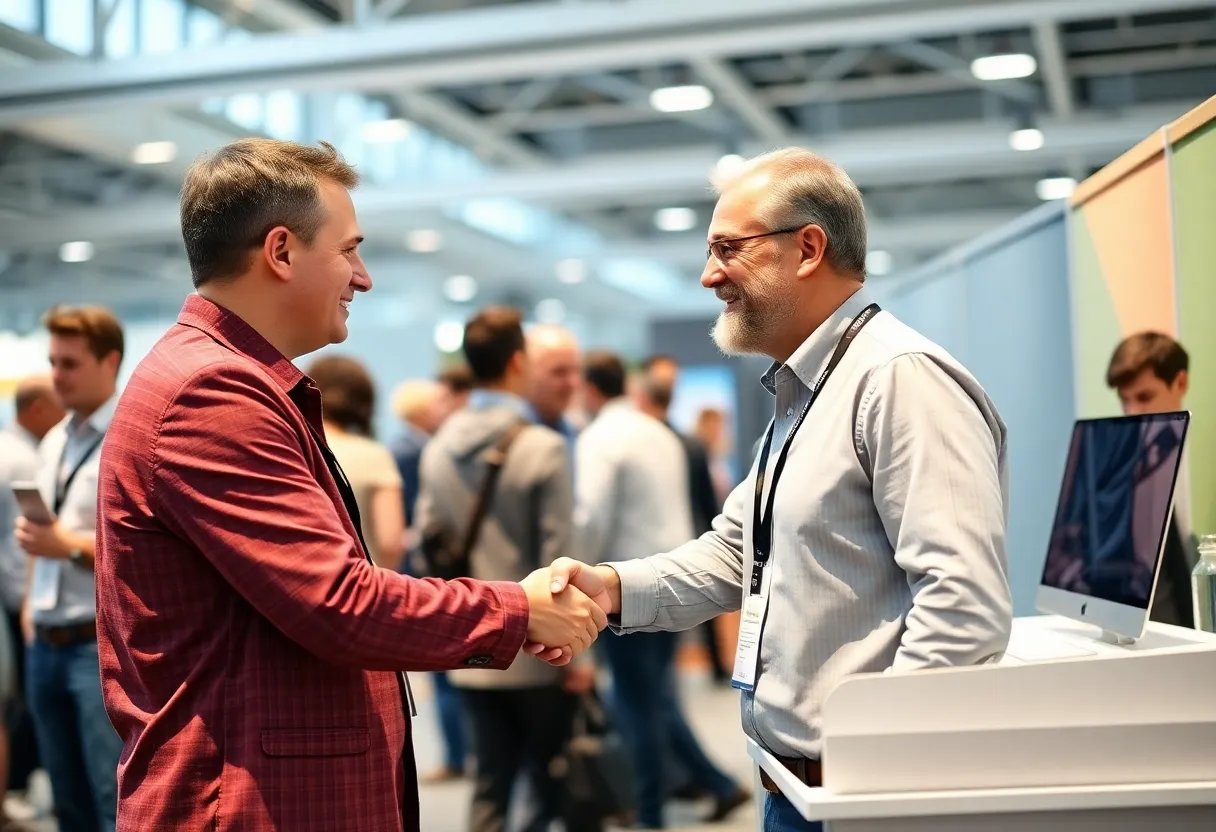 Founder demonstrating product at a small conference booth with laptop