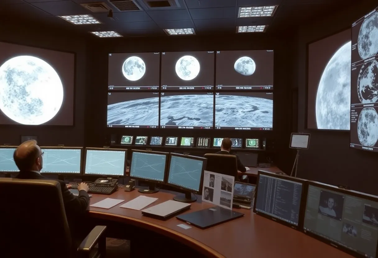Mission control style operations room with screens suggesting lunar mission timelines