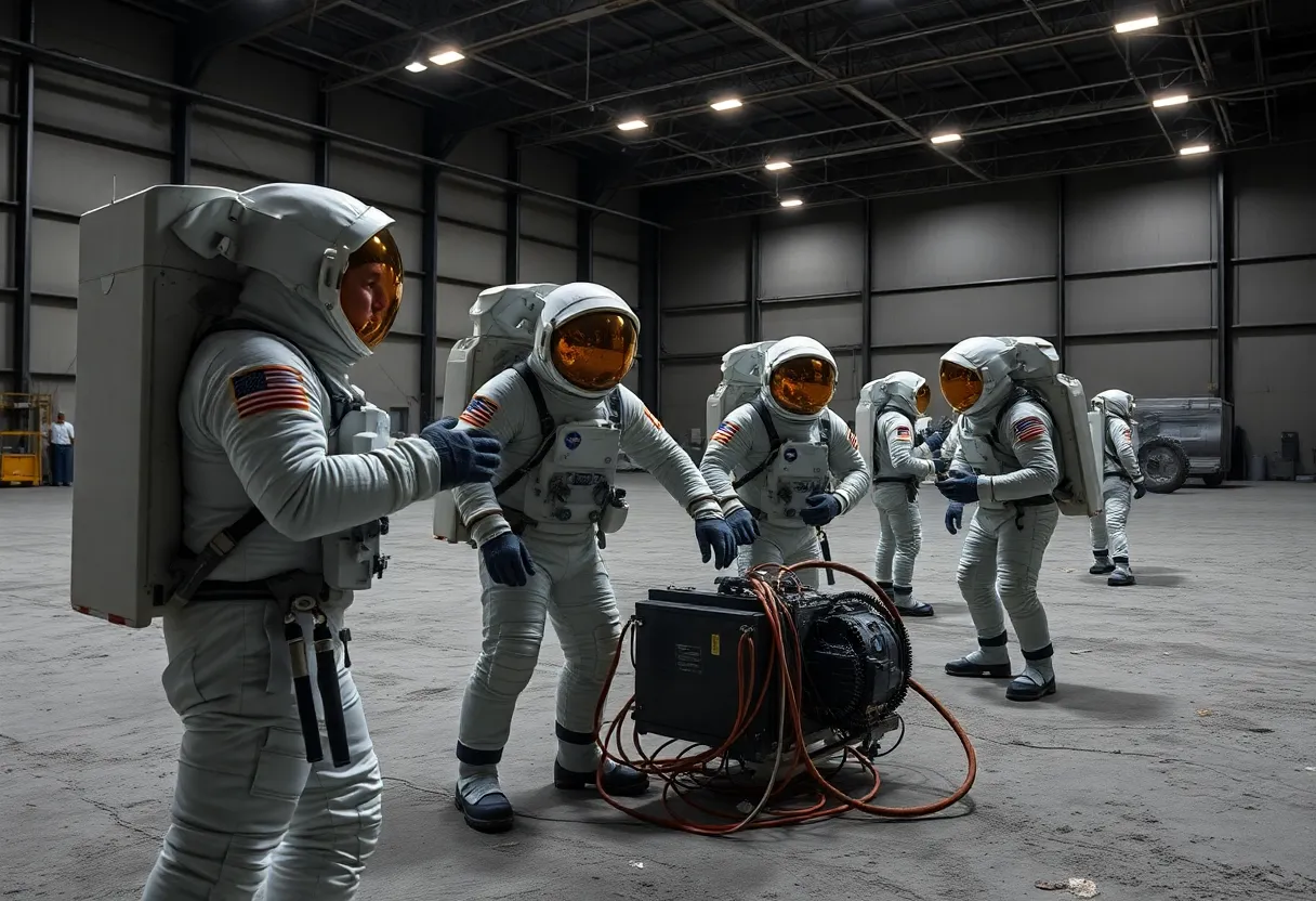 Astronauts in training facility practicing procedures under bright industrial lighting