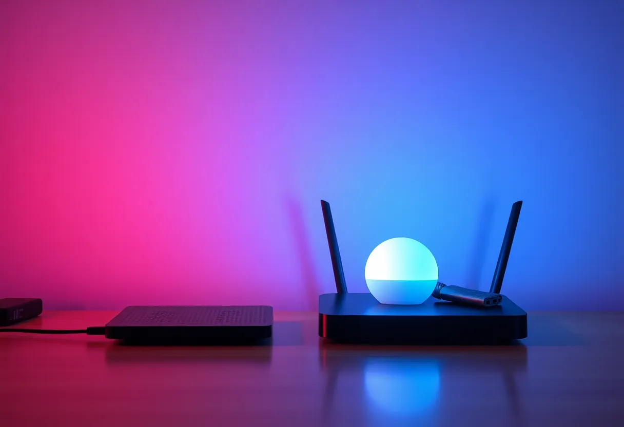 Wi-Fi router near smart bulbs illustrating shared 2.4 GHz airspace
