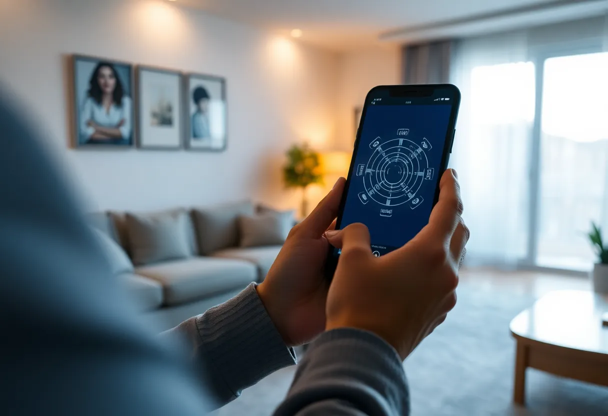 Person checking wireless networks on a phone in a living room