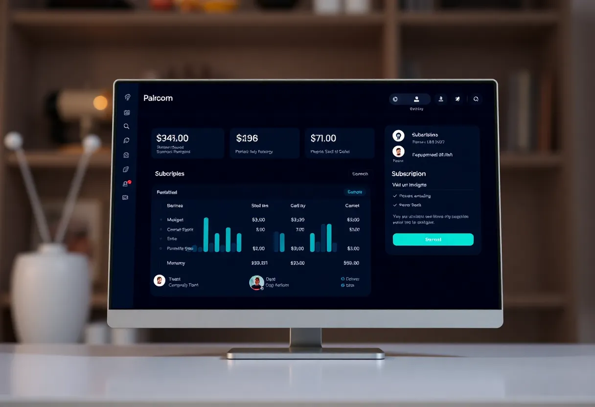 Computer monitor showing a subscription or billing dashboard interface, soft professional lighting