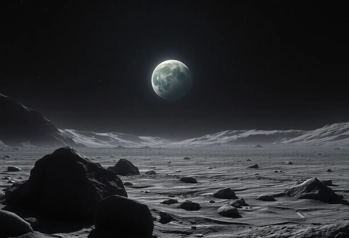 Conceptual view of lunar surface exploration with Earth visible in the sky
