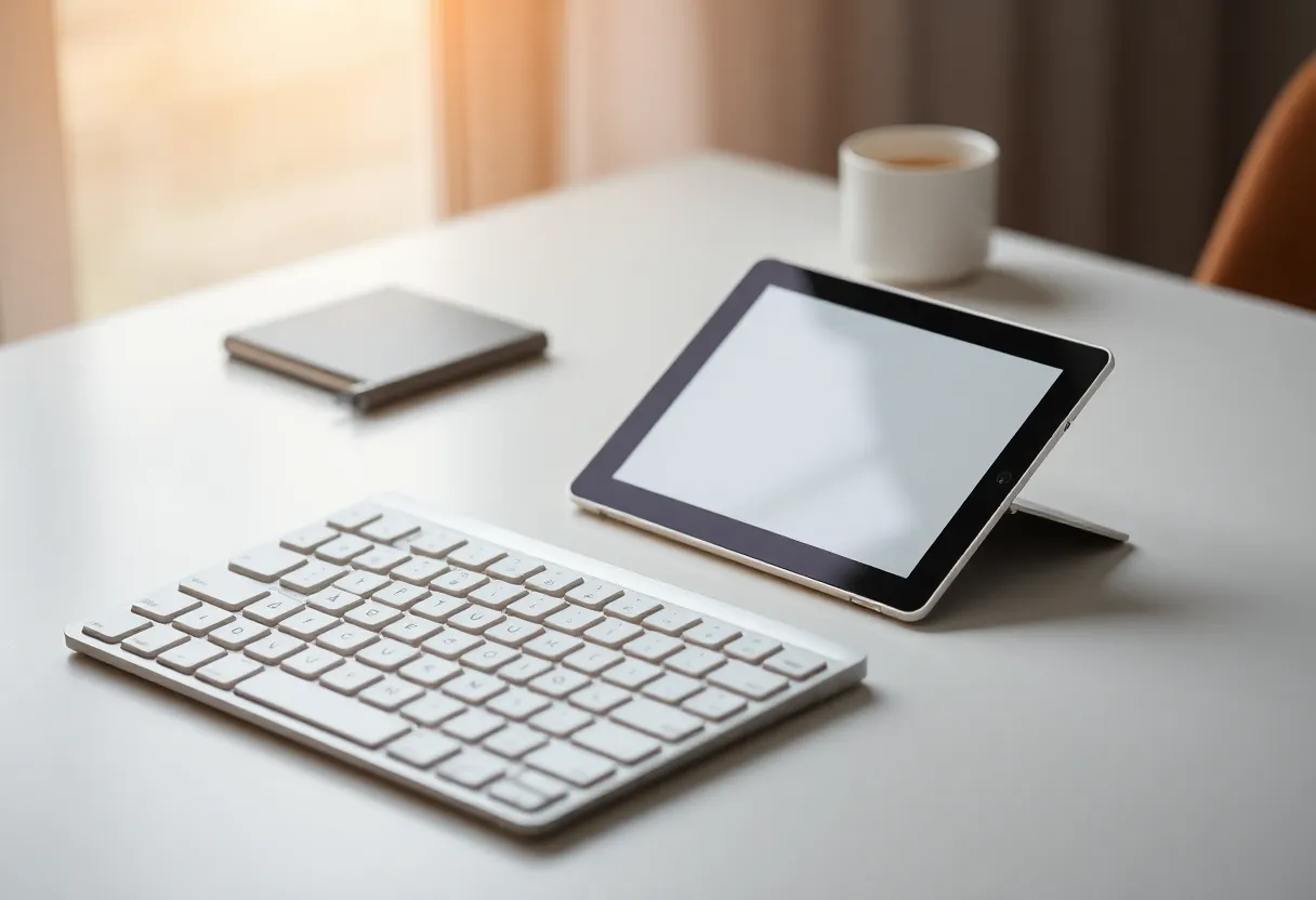 Minimal desk with split keyboard and e-ink note tablet for focused writing