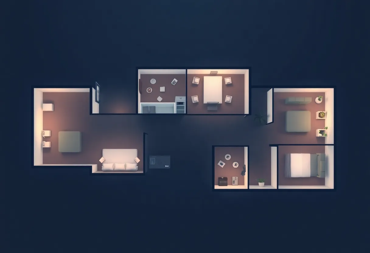 Illustrated floor plan style diagram suggesting rooms linked by mesh network lines