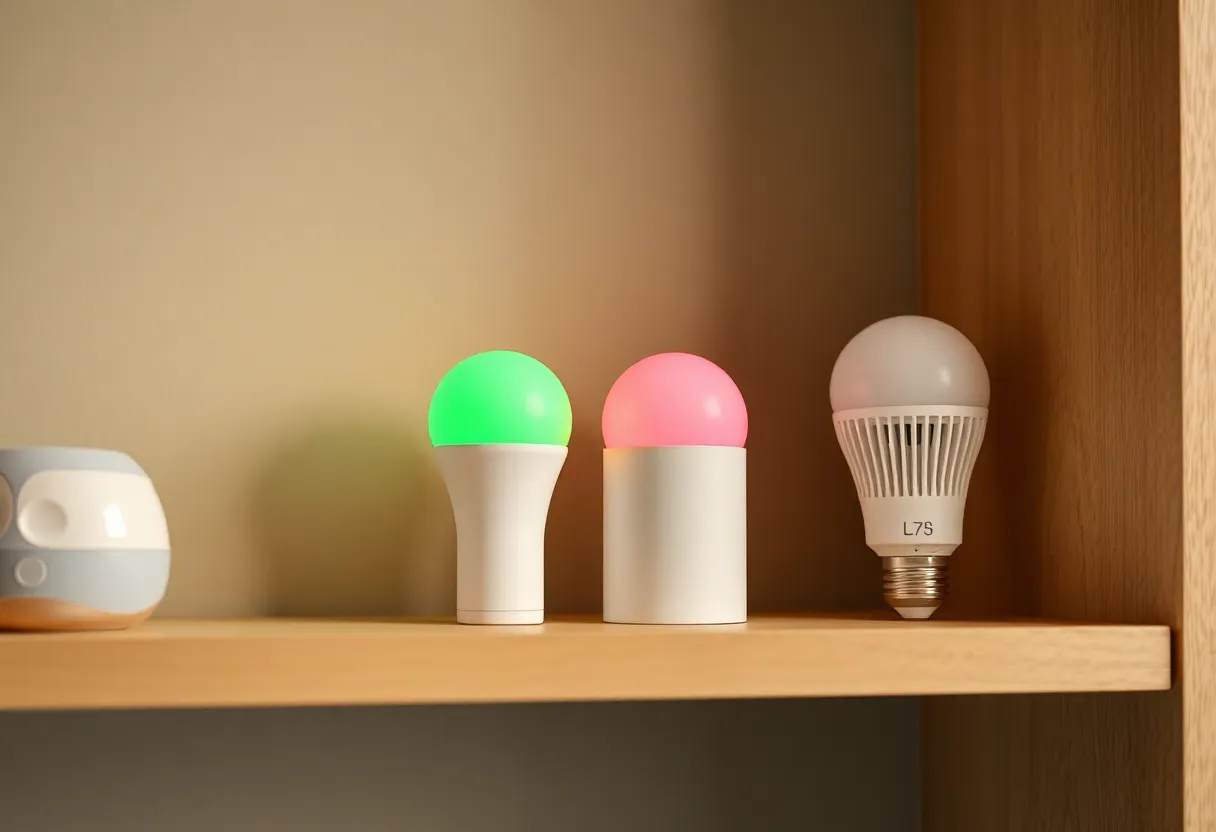 Smart Zigbee bulbs and a motion sensor arranged on a shelf in a home