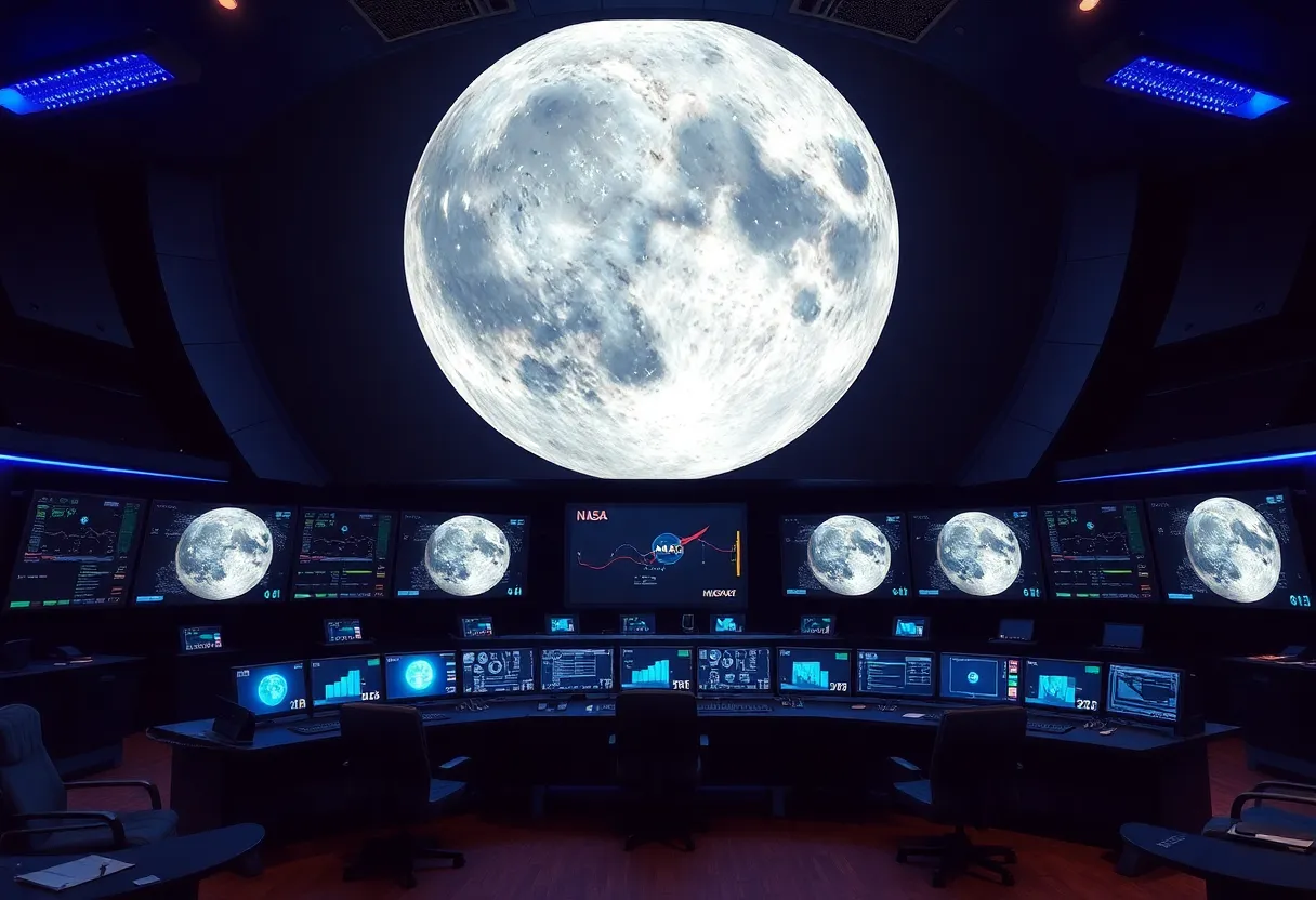 Mission control style room with lunar orbit displays on large screens