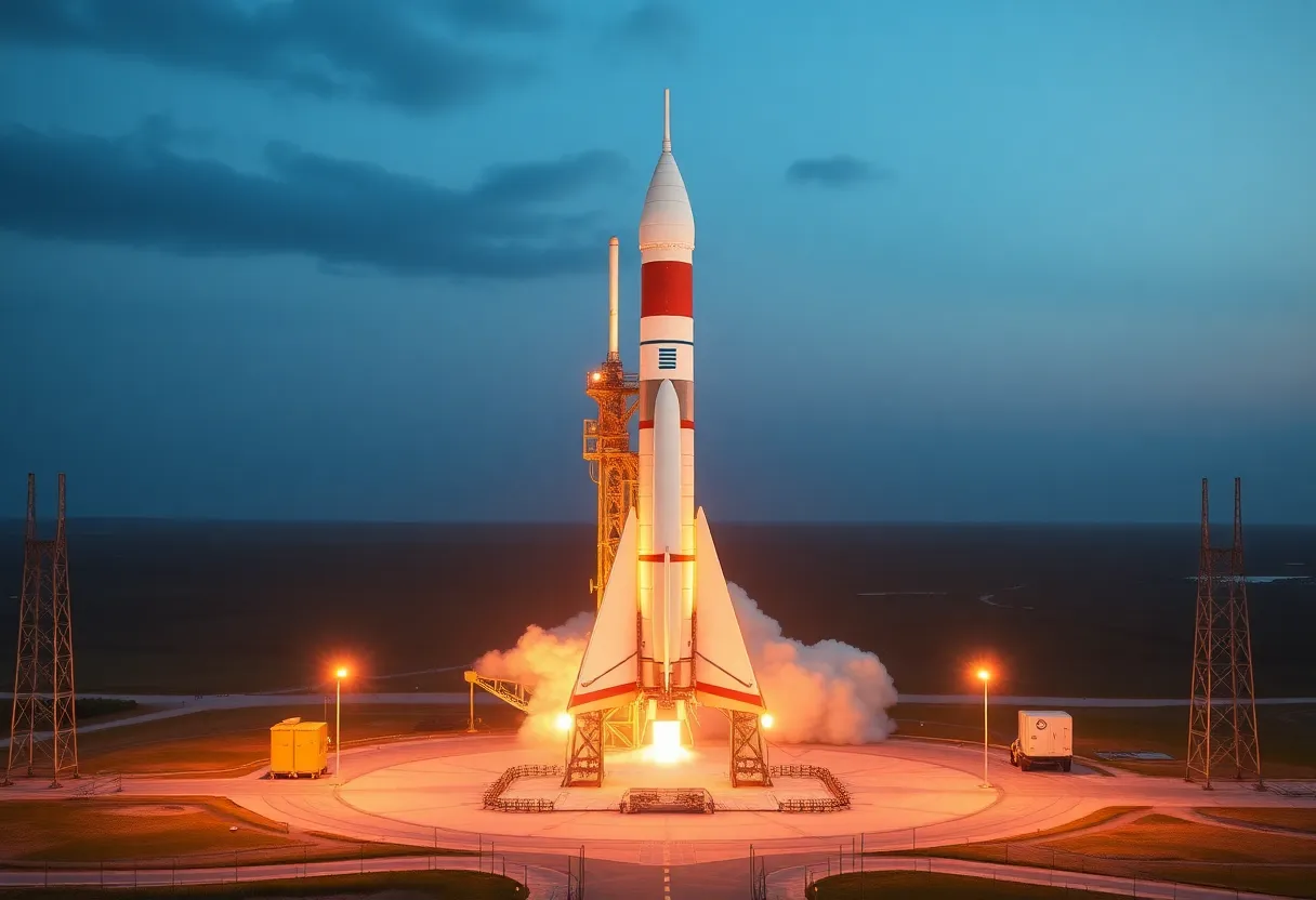 Rocket on launch pad at dawn representing commercial lunar launch cadence