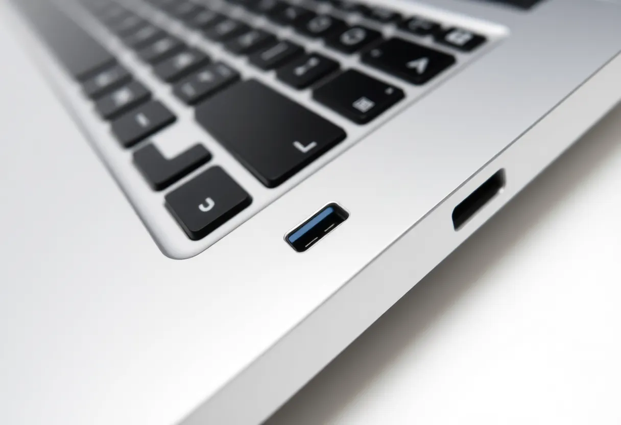 Macro detail of laptop metal chassis near USB-C connector