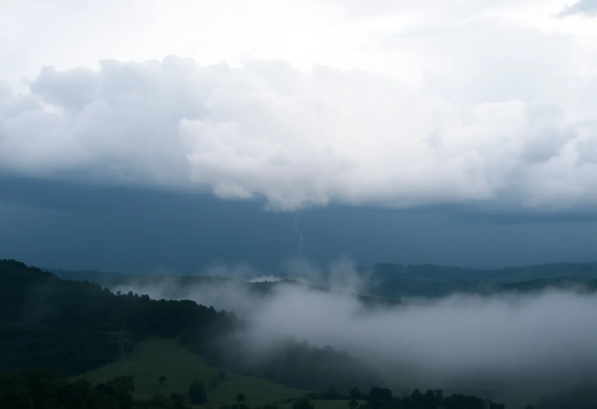 Open countryside horizon with dramatic cloud layers at dusk