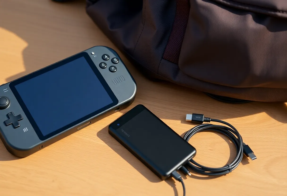 Travel gear layout with handheld gaming device and accessories