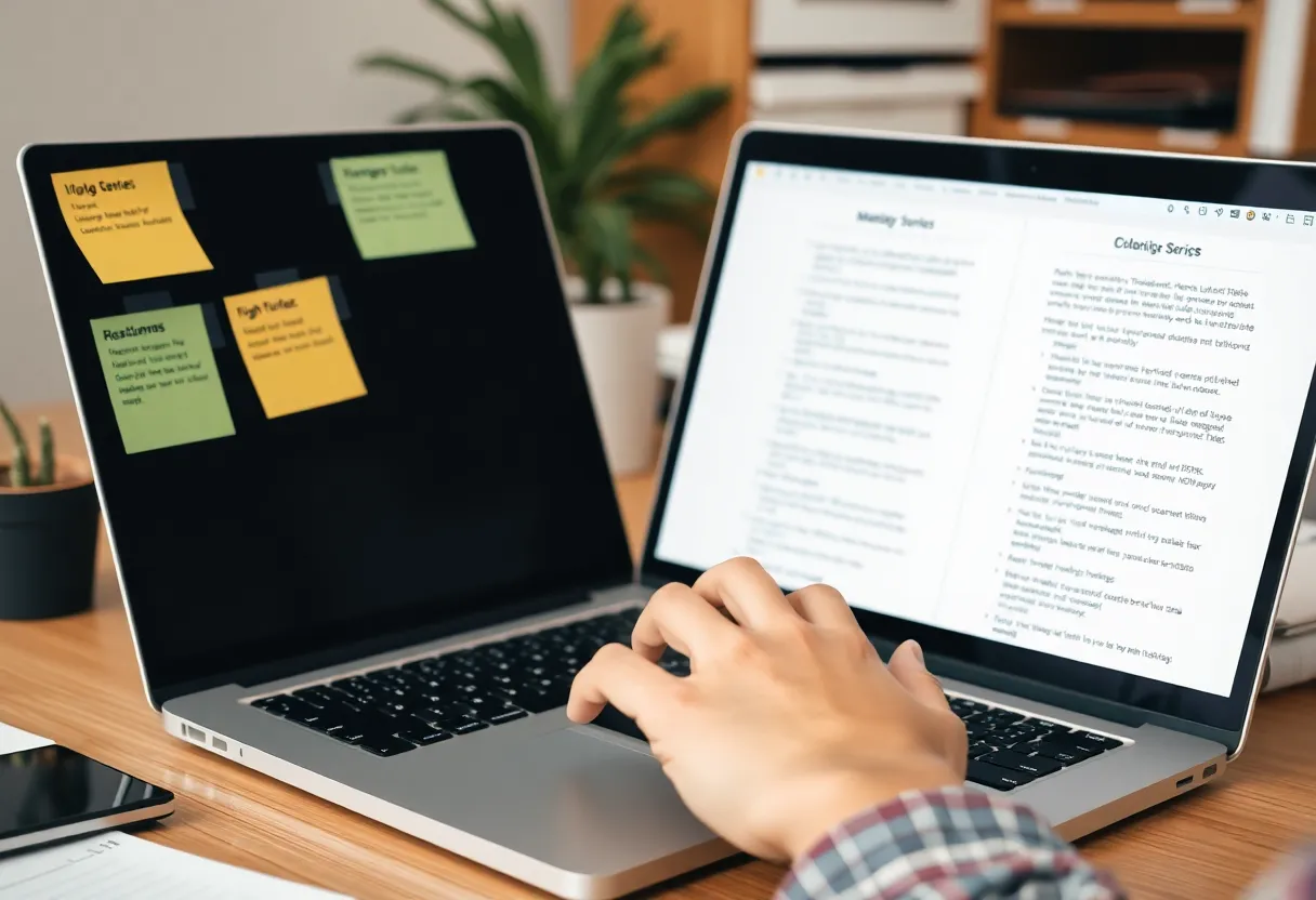 Workspace with multilingual sticky notes and keyboard