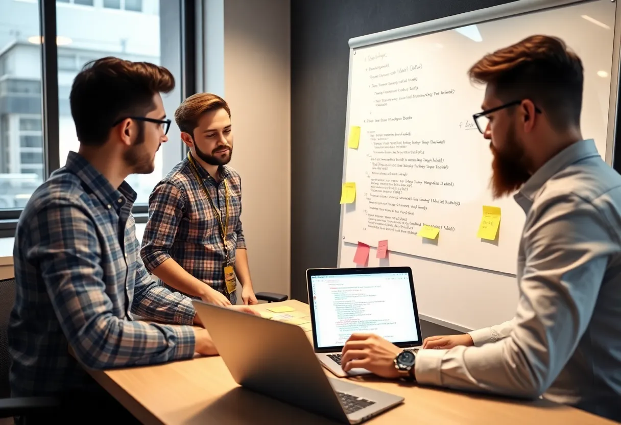 Team discussing a pull request at a whiteboard with laptops