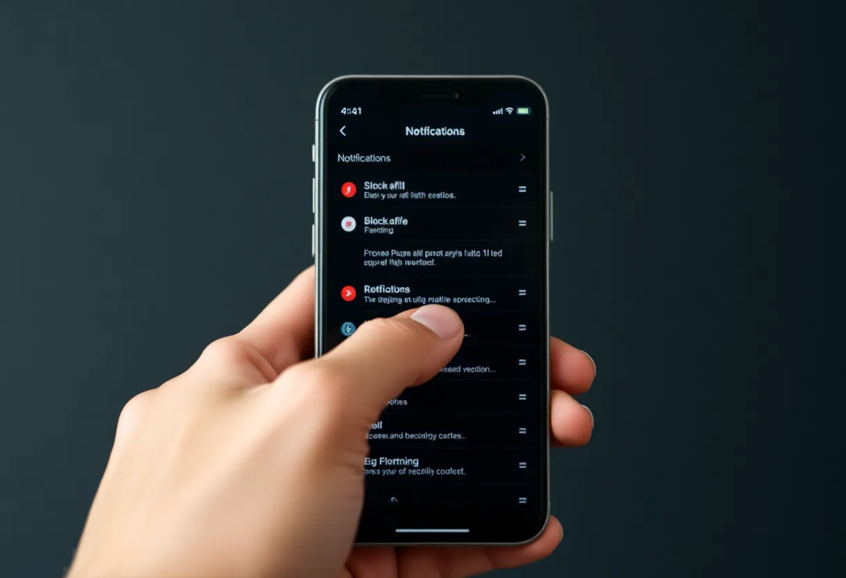 Hand interacting with mobile settings to block notifications