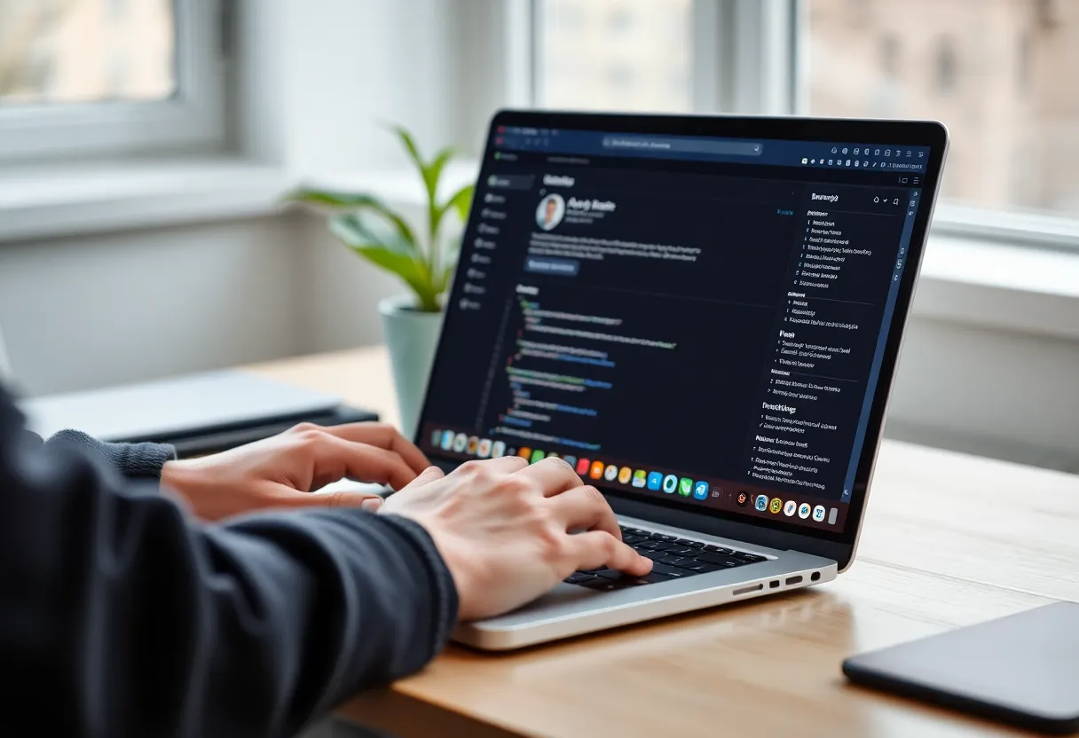 Developer working at laptop with AI coding assistant visible on screen