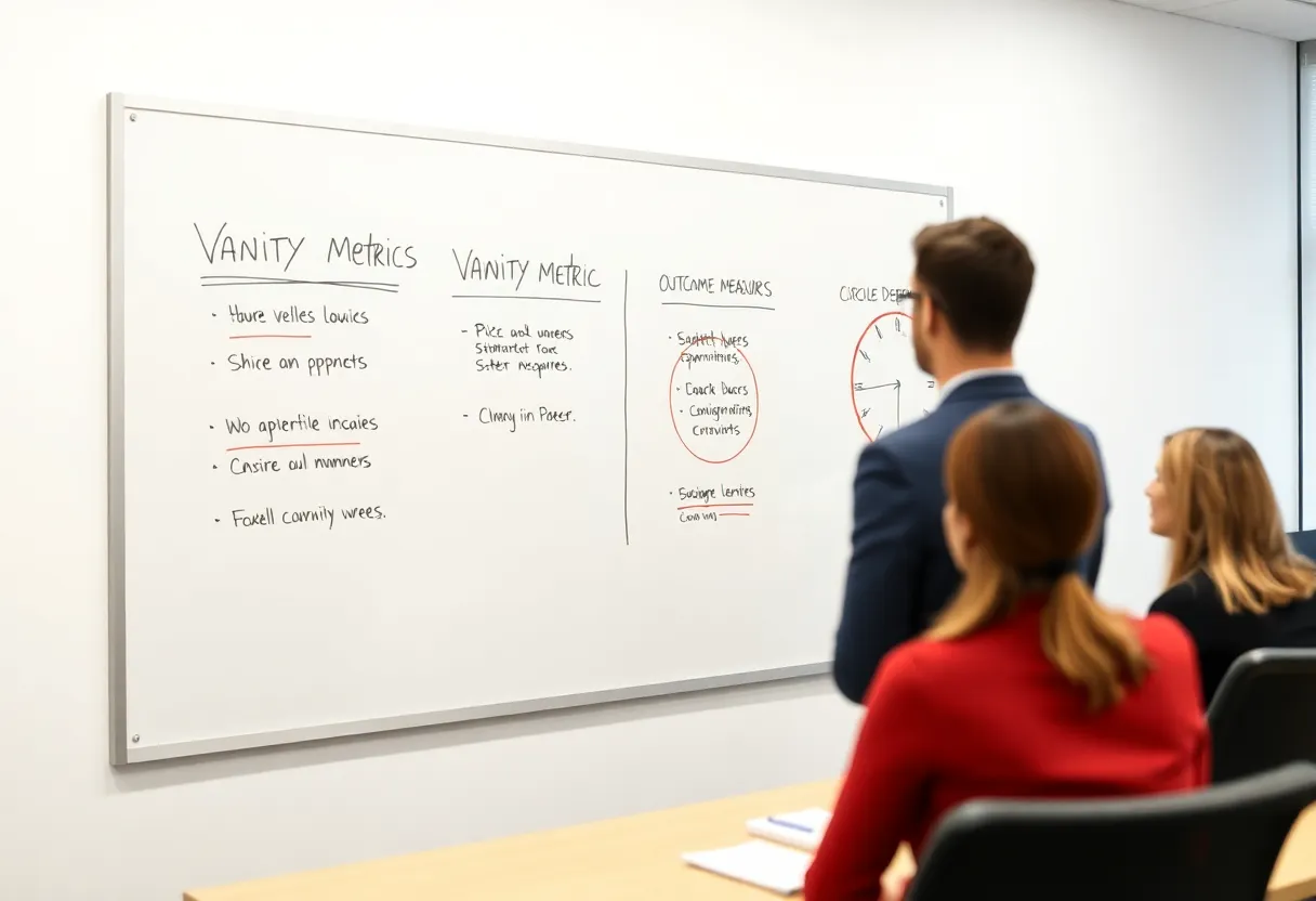 Whiteboard emphasizing outcome metrics over vanity KPIs in a meeting room